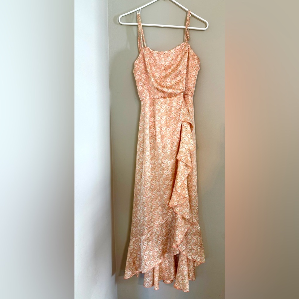 Emerald Sundae Peach Floral Maxi Dress with Ruffle Cascade